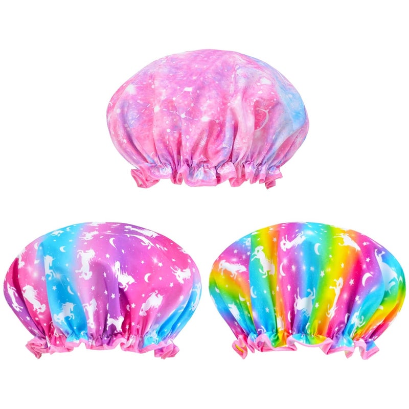 OlyPegic Kids Shower Cap, 3 Pcs Girls Shower Cap for Kids Reusable Waterproof Adjustable Large Hair Cap Unicorn Mermaid Rainbow Cute Hair Cover Hat - Image 2